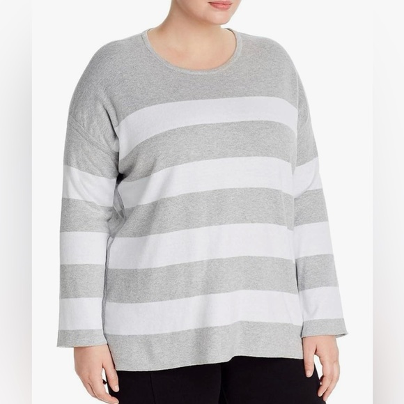 Eileen Fisher Grey and White Striped Organic Cotton Crewneck Sweater XL - Picture 1 of 8